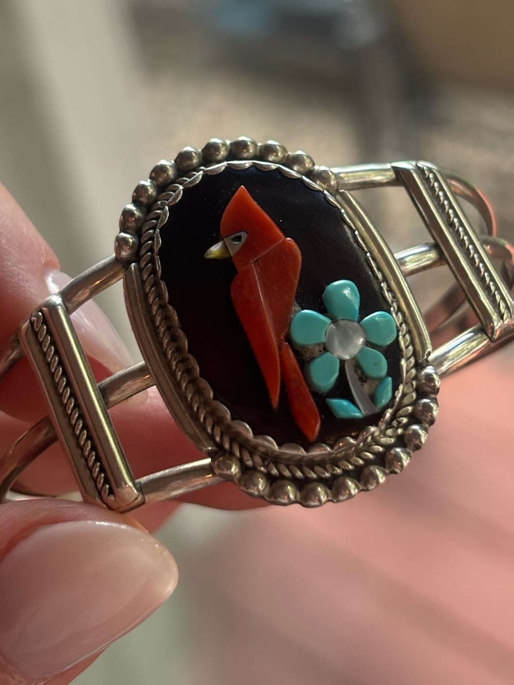 Vintage Zuni Sterling Silver Inlay Cardinal Cuff Bracelet Signed KC NM Turquoise - Picture 10 of 12